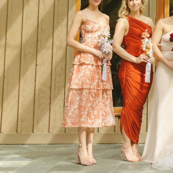 V. Chapman Coral Pink Floral Tiered High-Low Wedding Dress - Picture 5 of 9